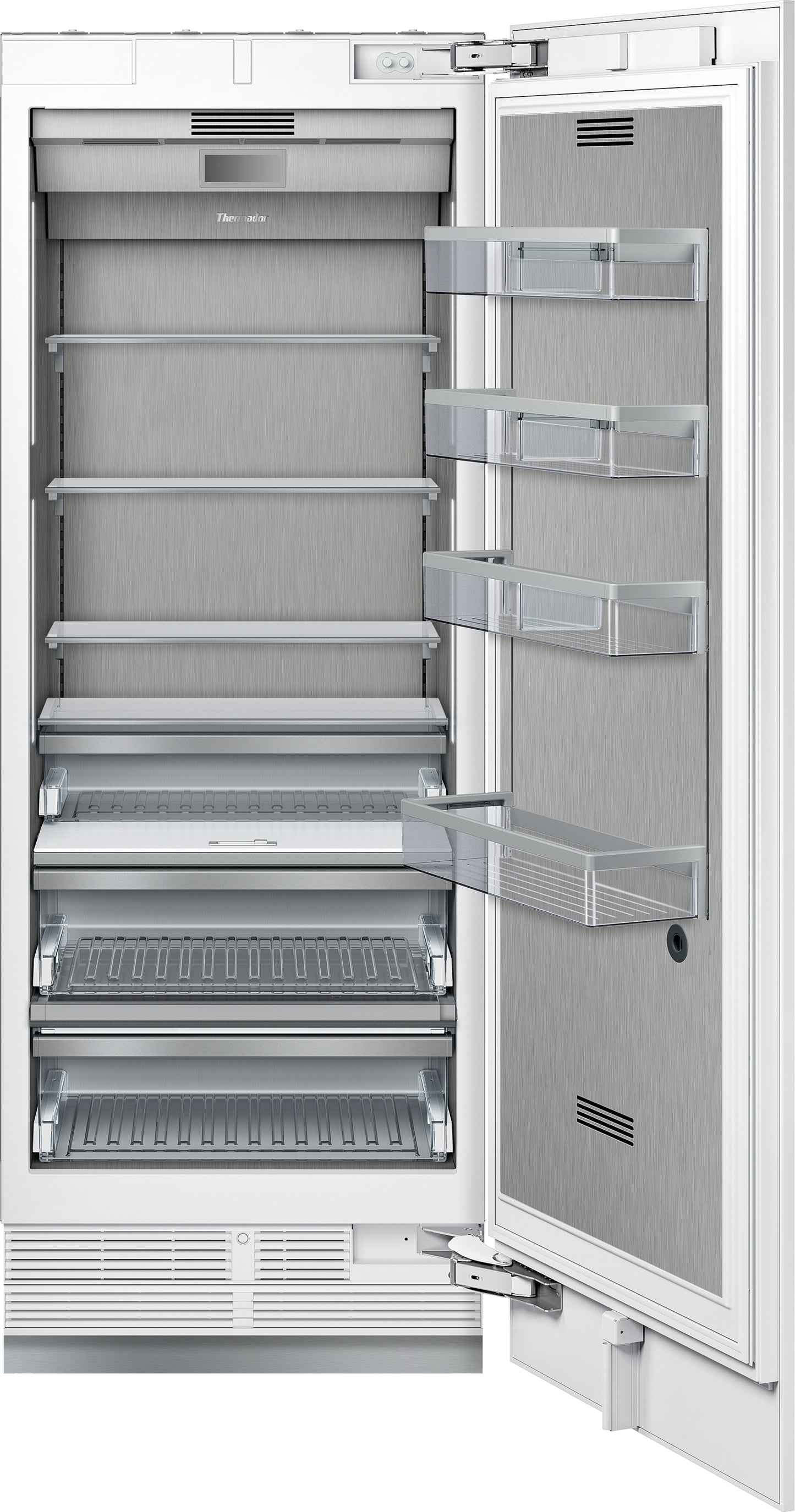 Open panel-ready built-in refrigerator column with stainless steel interior and adjustable shelving from Thermador Appliances collection