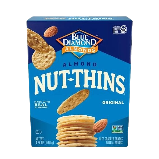 Blue Almond Nut Thins original crunchy rice crackers made with real almonds in food and beverage snacks collection