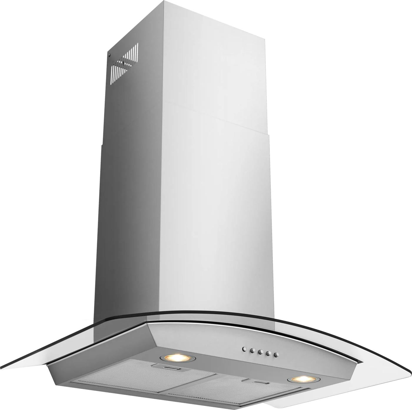 modern stainless steel and glass canopy hood with curved design and push button controls for kitchen range hoods and home improvement