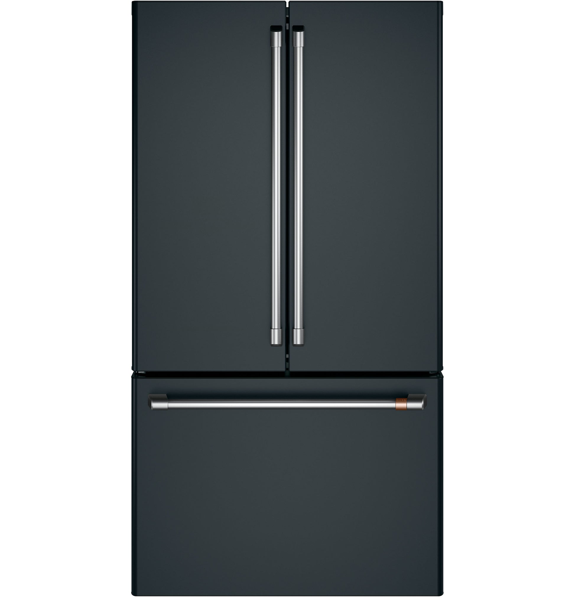 Modern black smart counter-depth French-door refrigerator with bottom freezer drawer in kitchen appliance collections