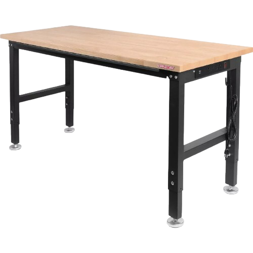 Height adjustable heavy-duty workbench with thick wood top and black metal frame for garage storage and workshop organization