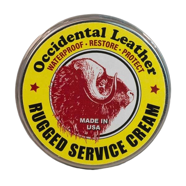 Round container of rugged service cream for leather care, designed to waterproof, restore, and protect gear in tool storage collections