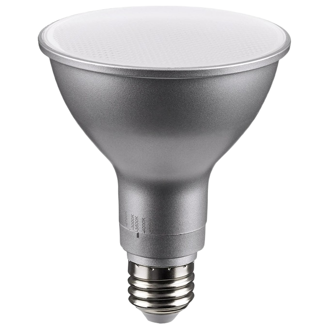 Silver-finished LED PAR30LN light bulb with medium base, suitable for lighting and electrical home improvement needs