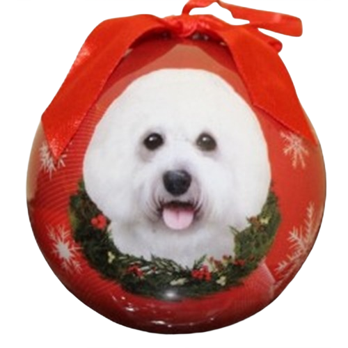 Red Christmas ball ornament featuring a white Bichon Frise dog with a holiday wreath and red ribbon bow