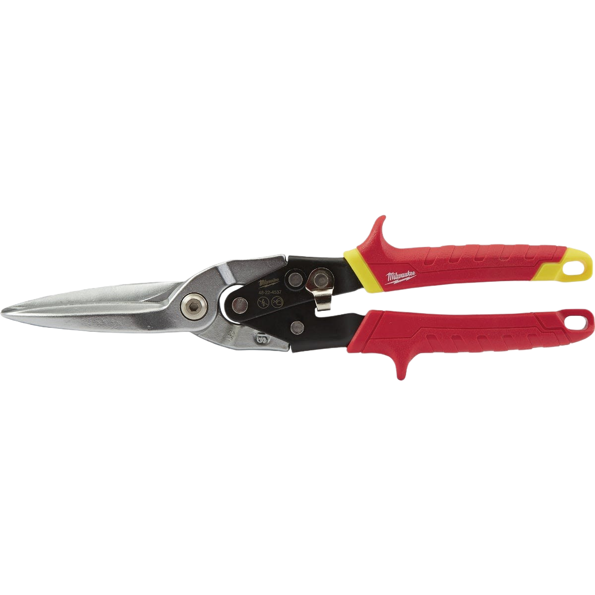 Milwaukee hand tool with forged long-cut blades and red ergonomic handles, ideal for precise metal cutting and woodworking tasks