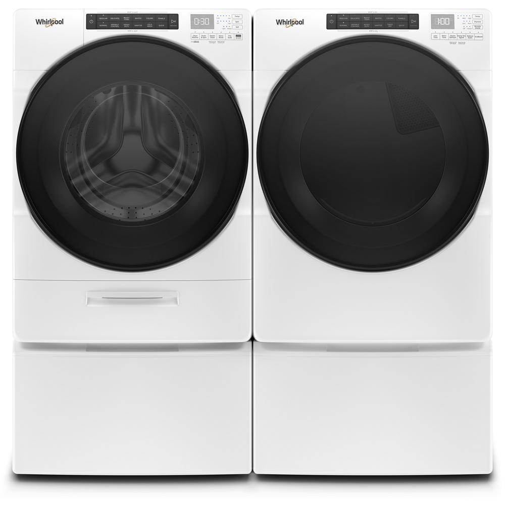 Pair of front load white laundry appliances including a washing machine and long vent gas dryer with intuitive digital controls