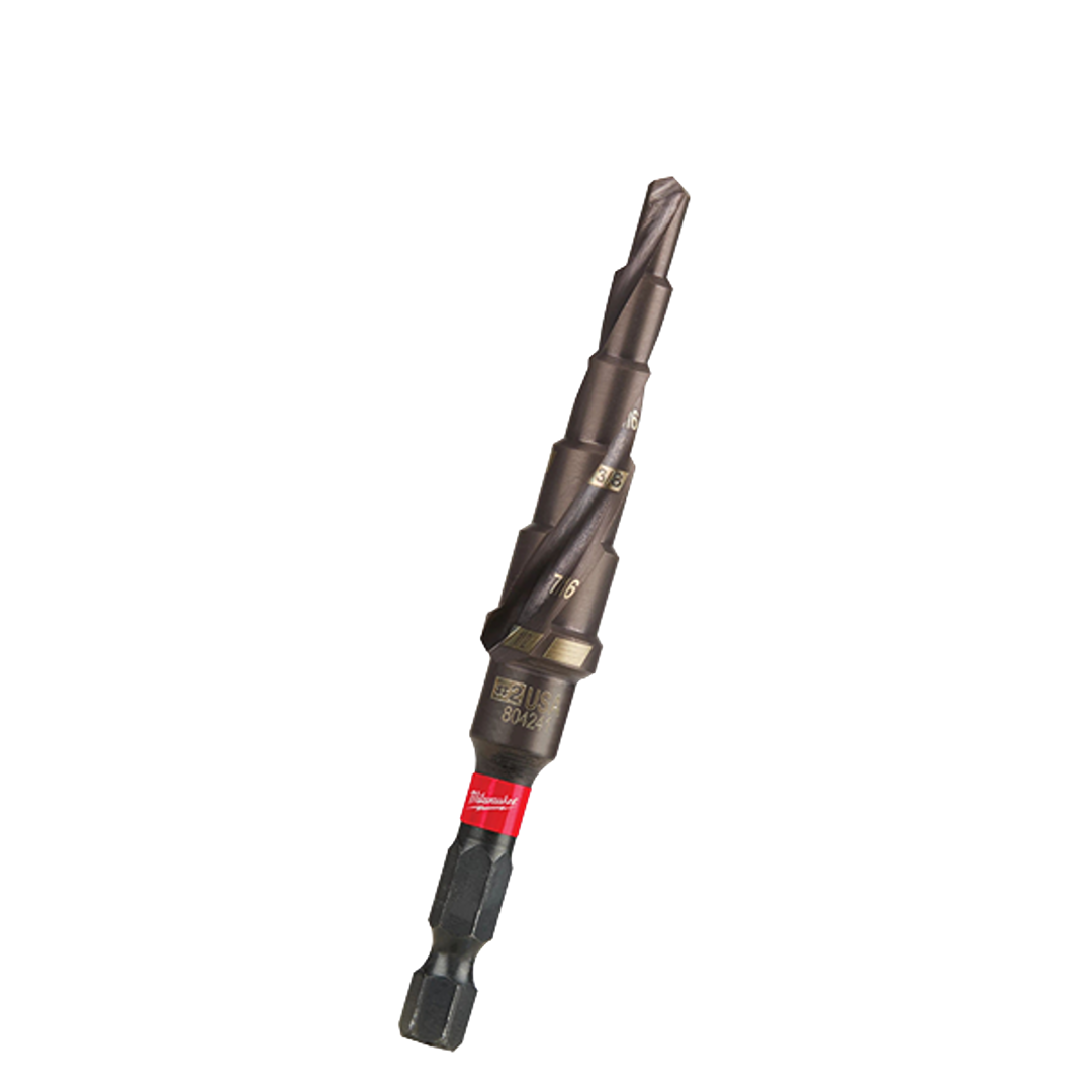 Single black mechanical step drill bit with red collar designed for impact drivers and home improvement tasks