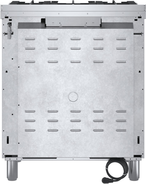 Back view of stainless steel 30-inch gas freestanding range with metal sides and power cord in kitchen appliances collection