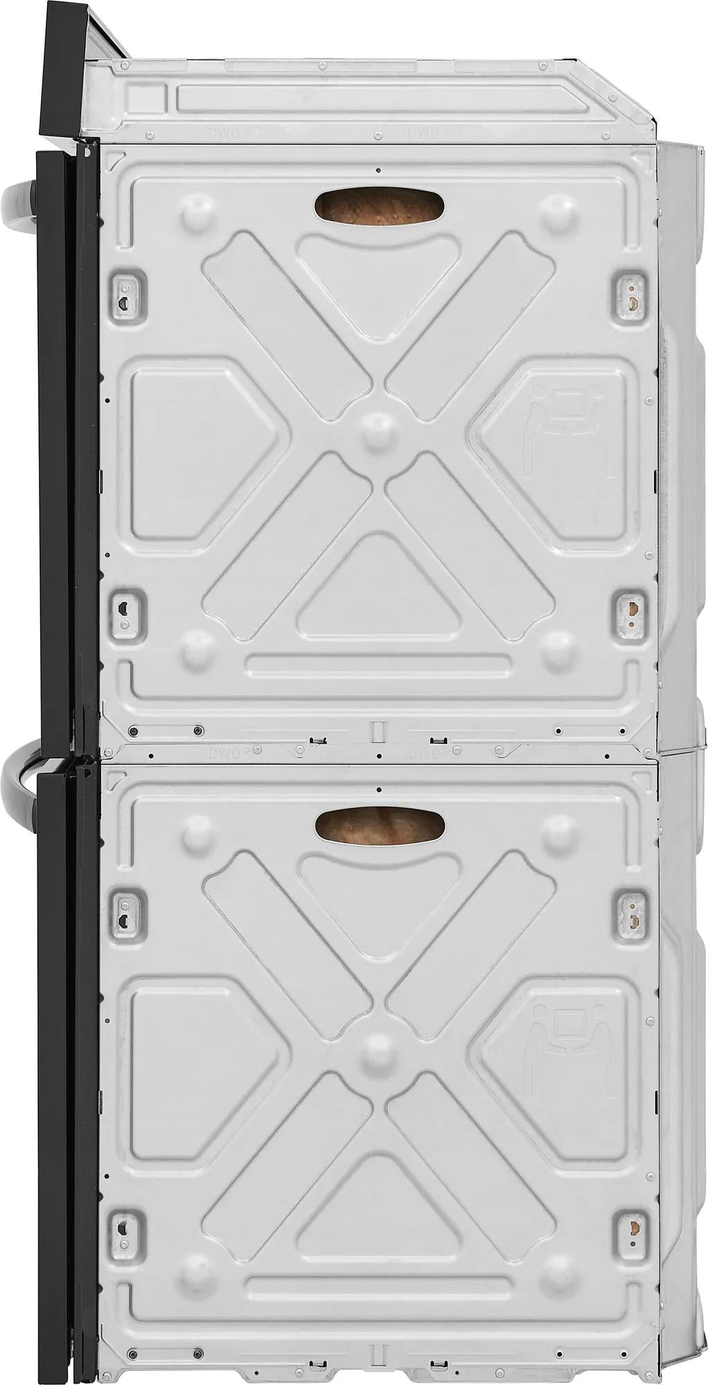 Back view of 30-inch double electric wall oven showing metal casing and structural reinforcement panels