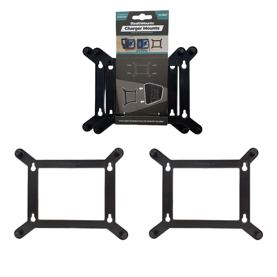 Two-pack of black mounting brackets designed for securing Makita single chargers in home improvement settings