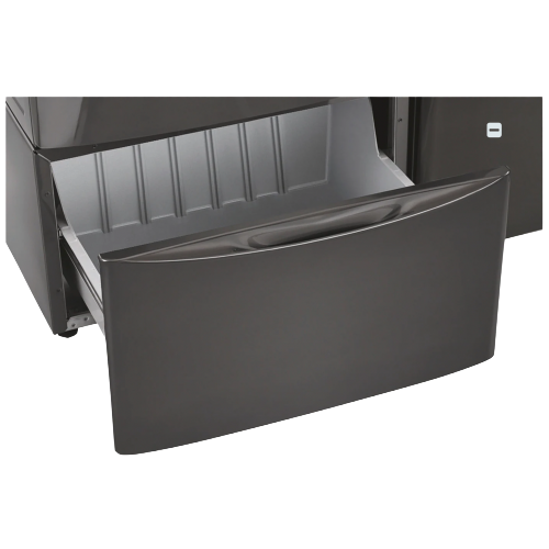 Black Electrolux laundry pedestal drawer open showing spacious storage for appliances parts and accessories