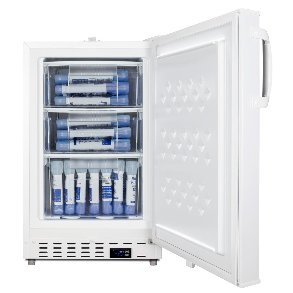 White built-in vaccine all-freezer with digital temperature display and organized storage trays from Freezers & Ice Makers collection