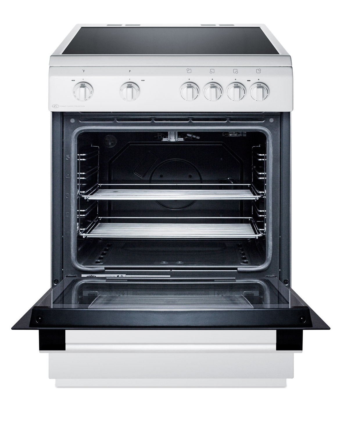 24-inch white electric range with smooth ceramic cooktop, control knobs, and open oven door showing racks in appliance collection