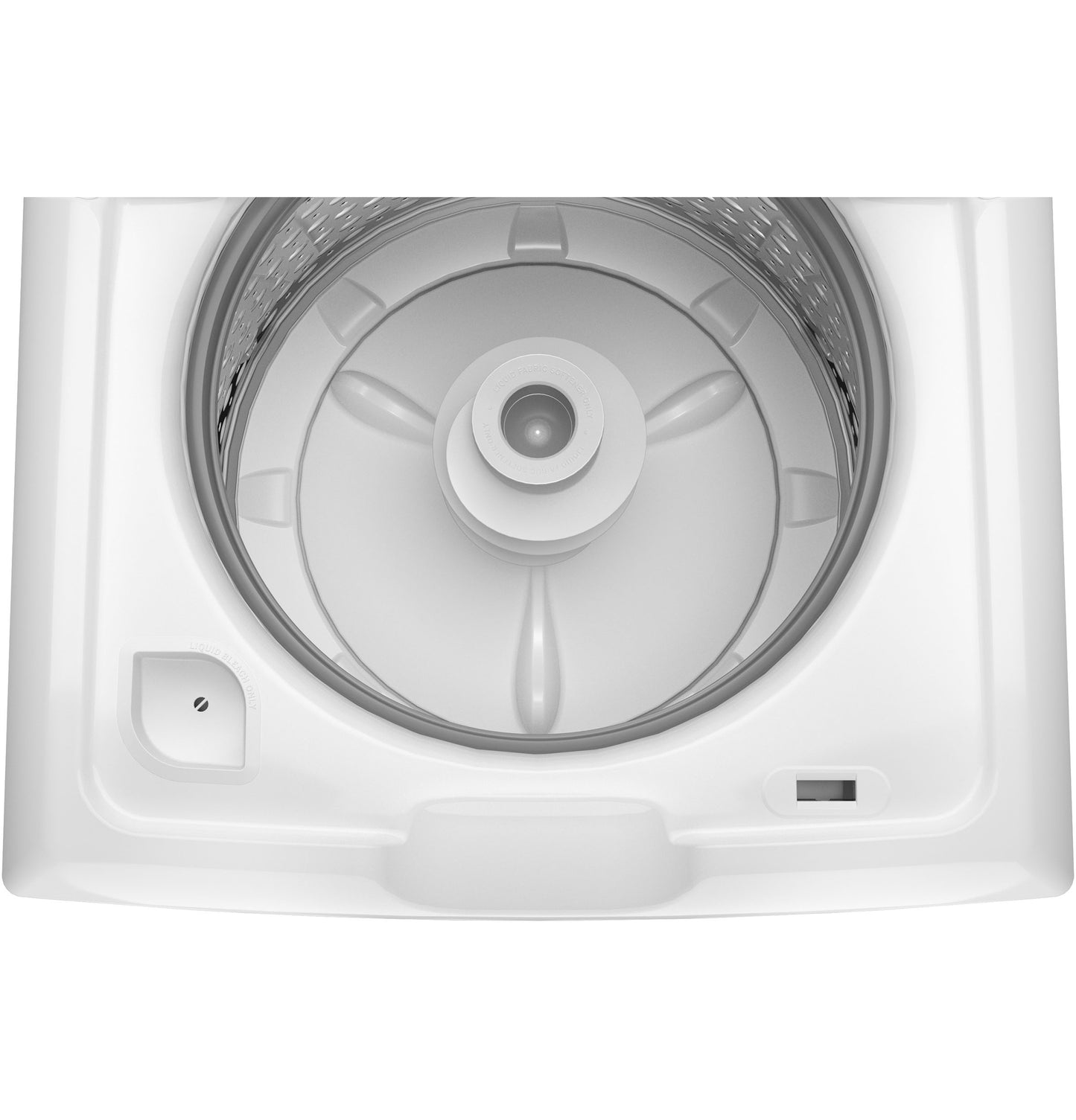 Top view of white top load washer tub with center agitator and stainless steel basket for laundry appliances.