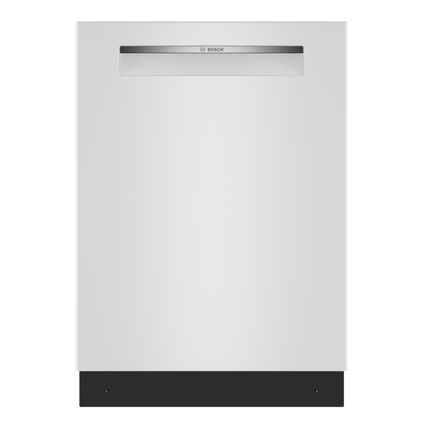 Front view of a white built-under dishwasher with a minimalist design and discreet handle, ideal for kitchenware and appliance collections including Bosch dishwashers.