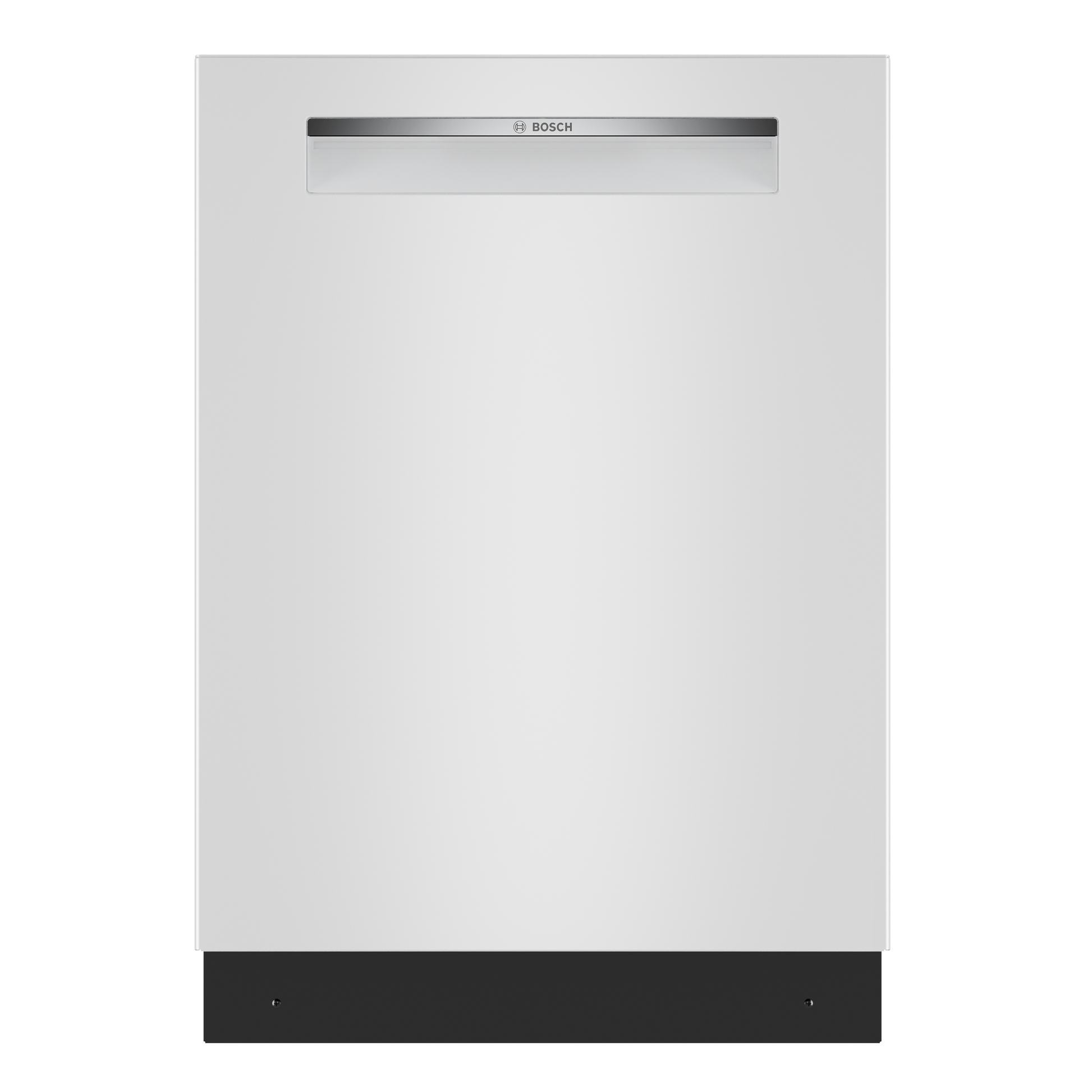 Front view of a white built-under dishwasher with a minimalist design and discreet handle, ideal for kitchenware and appliance collections including Bosch dishwashers.