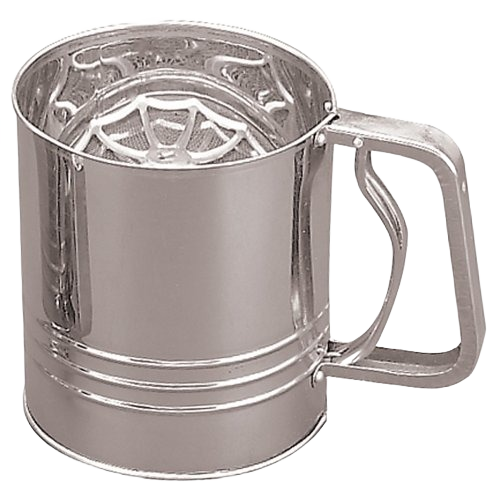 Stainless steel flour sifter with ergonomic handle and fine mesh for baking and kitchen use
