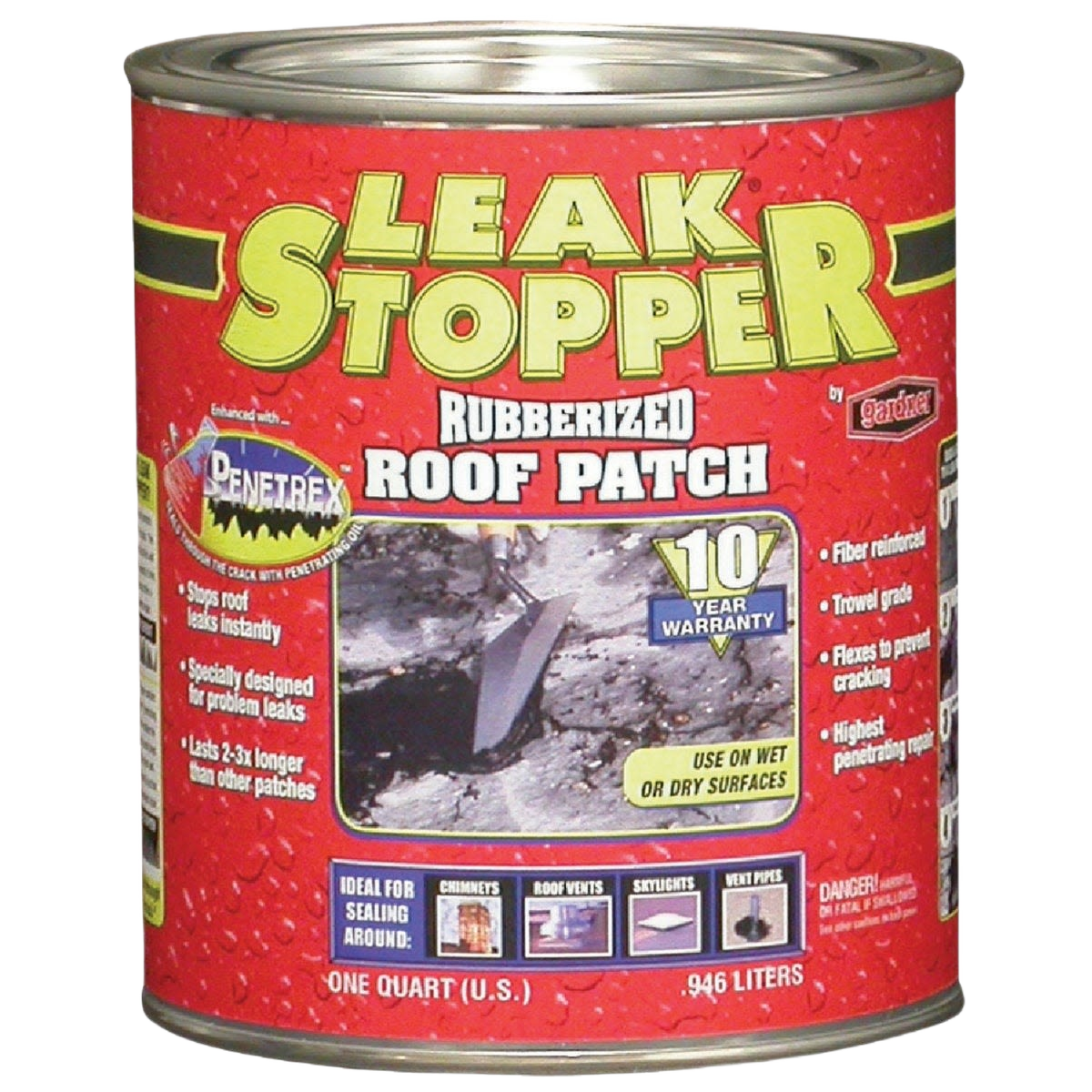 Red can of rubberized roof patch with waterproof formula for sealing leaks in hardware and home improvement projects under $50 collections
