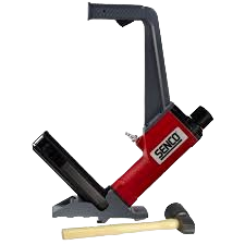 Red and black pneumatic flooring nailer with labeled brand name and accompanying wooden mallet, part of rental power tools and fastening equipment at Hartville Hardware.