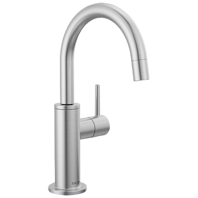 Brushed stainless steel beverage faucet with curved spout and single lever handle for home improvement use