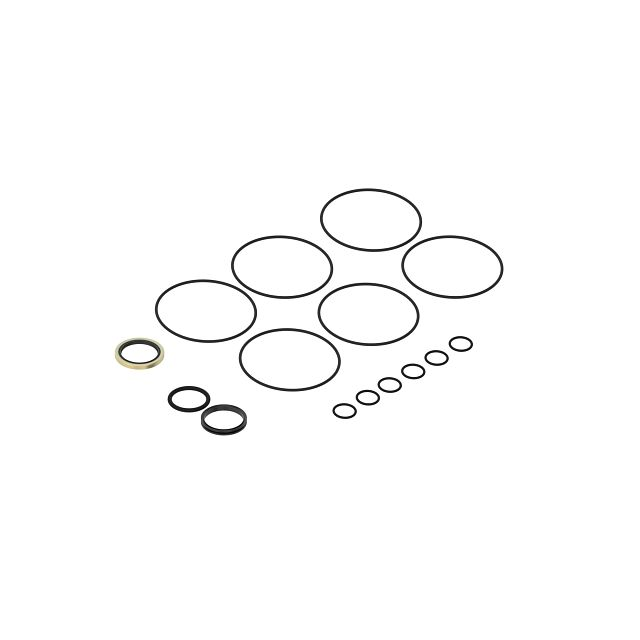 Set of assorted black and beige seals and rings for automotive and John Deere steering system maintenance and repair