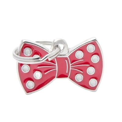 Red enamel pet tag shaped like a bow with silver accents for personalized pet tags under $50 collection