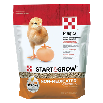 Bag of Purina poultry feed with chick and egg image, promoting nutrition for healthy birds and strong starts