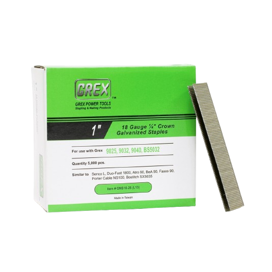 Box of galvanized 18 gauge 1-inch crown staples with strip of staples for fastening in hardware collections