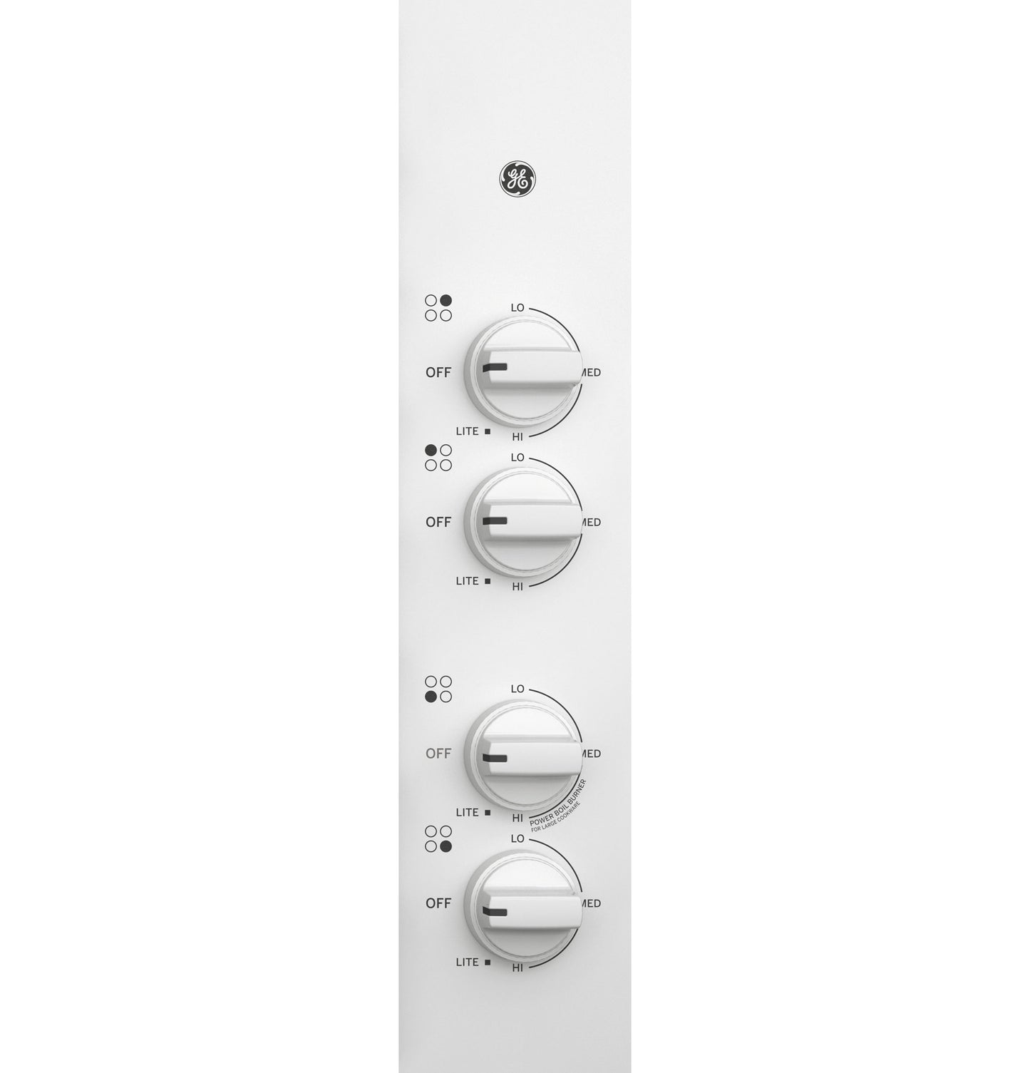 White control panel with four gas cooktop knobs featuring heat settings and indicator lights for kitchen appliances.