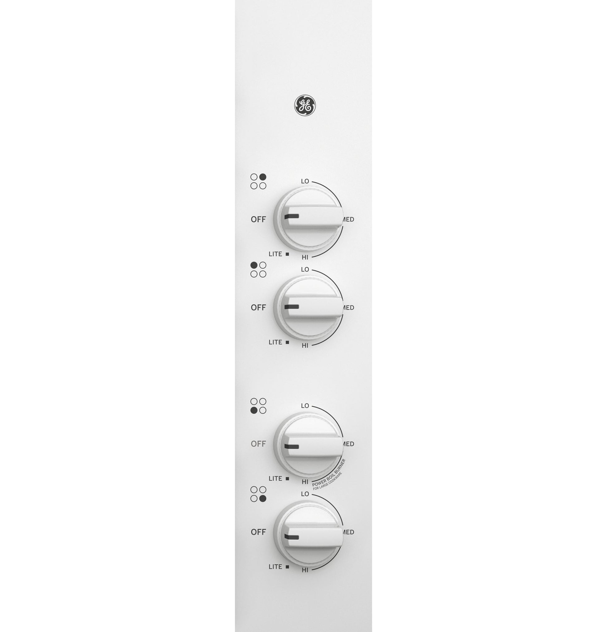 White control panel with four gas cooktop knobs featuring heat settings and indicator lights for kitchen appliances.