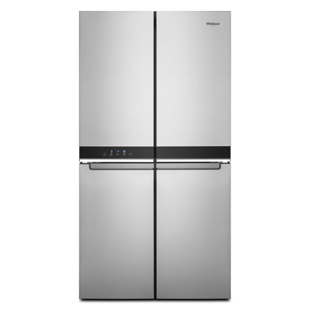 Stainless steel 36-inch wide counter depth 4 door refrigerator with sleek handles and digital control panel in kitchen appliances collection