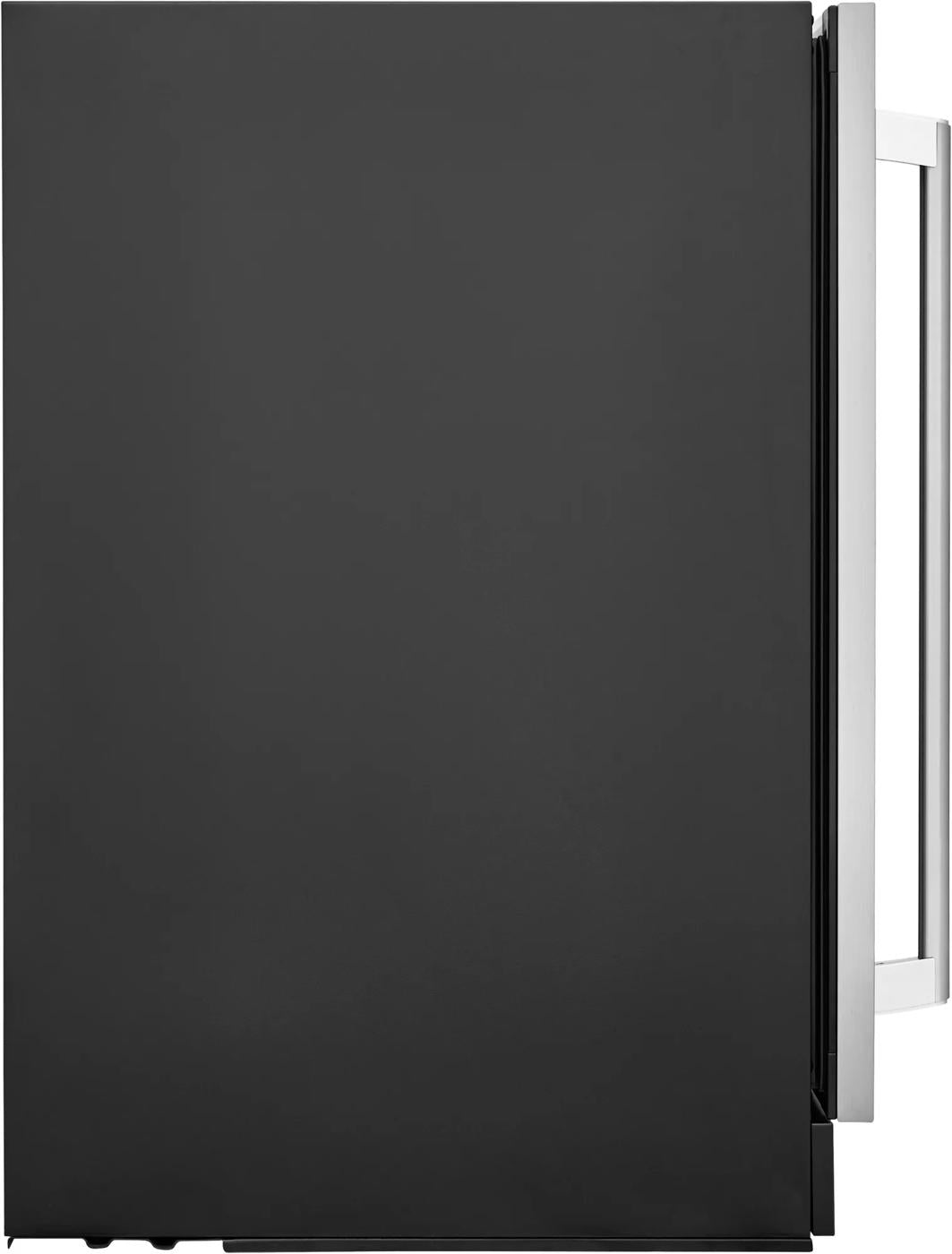 Side view of a modern 24" under-counter beverage cooler with stainless steel handle from kitchen appliances collection
