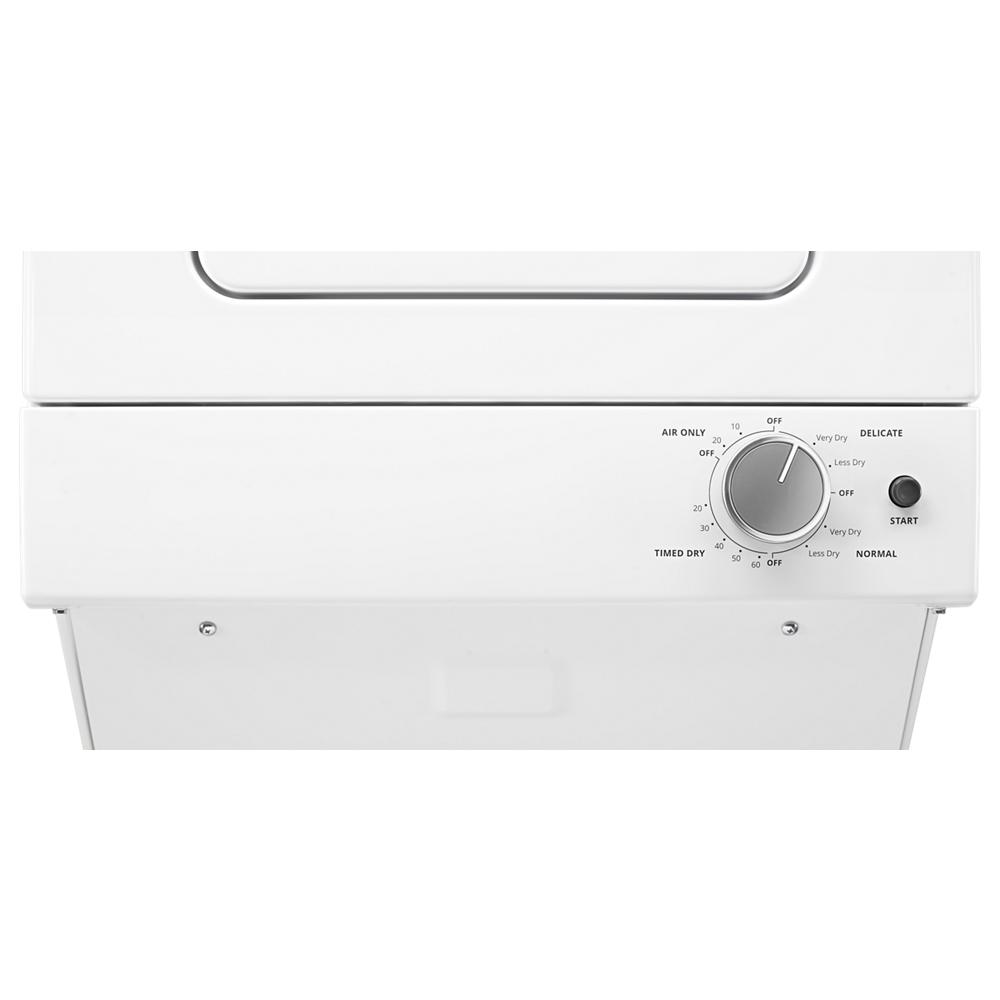 Control panel of a white electric stacked laundry center with dial settings for drying cycles including delicate and normal, part of appliance laundry centers at Hartville Hardware.