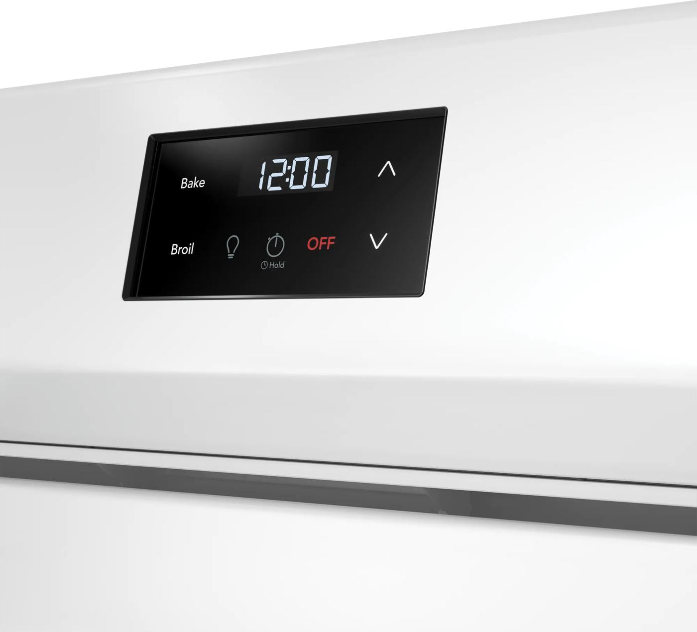 digital control panel with clock and bake and broil settings on white electric range for kitchen appliances