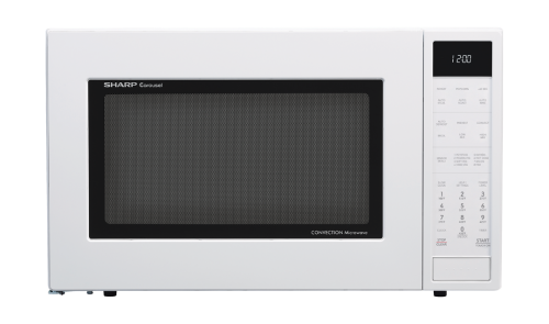 White stainless steel carousel countertop microwave with digital display and numeric keypad from Kitchen & Kitchenware collection