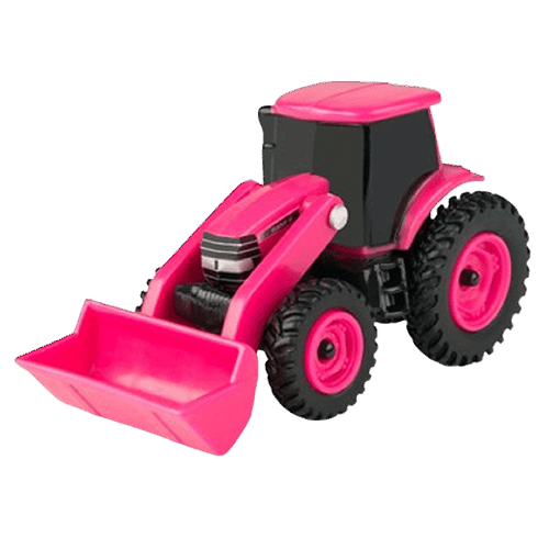 Pink and black miniature toy tractor with front loader and large textured tires in 1/64 scale model form
