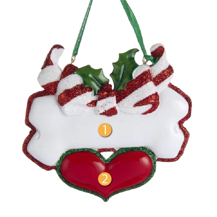 White dog bone shaped ornament edged with red glitter and decorated with candy canes, holly, and a red heart for Christmas decor