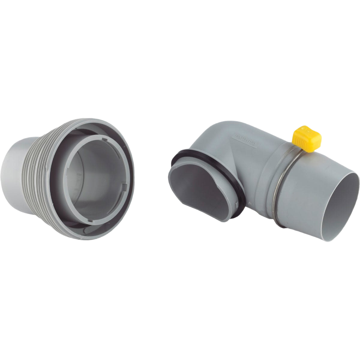 Gray plastic 4-in-1 RV sewer hose adapter with elbow and valve for secure connection in home improvement projects