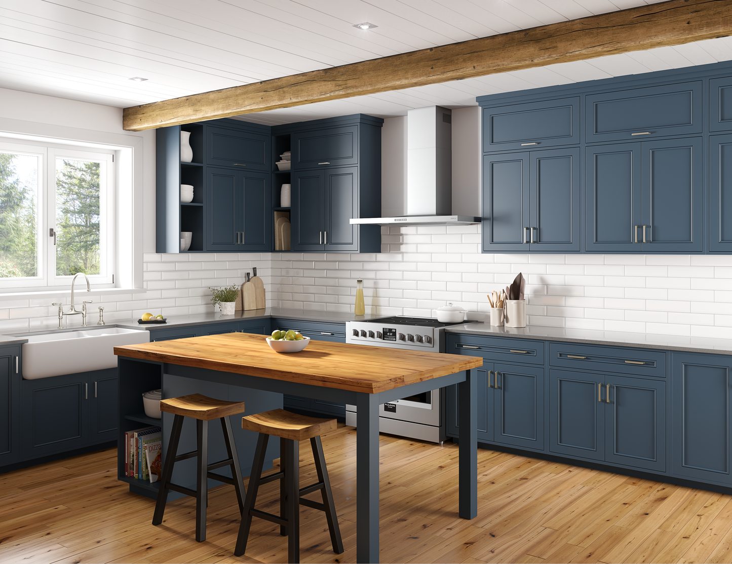 Stainless steel wall-mounted range hood above a stove in a modern kitchen with blue cabinetry and wood beam ceiling.