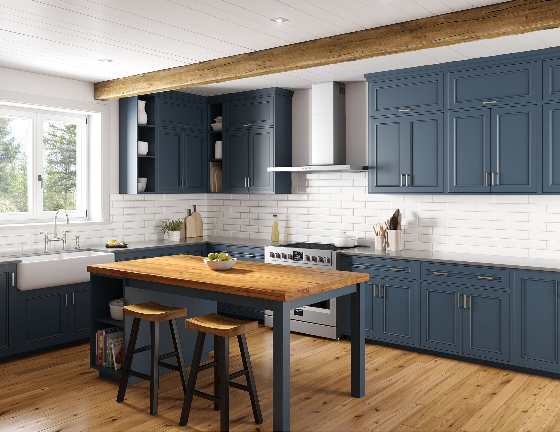 Stainless steel wall-mounted range hood above a stove in a modern kitchen with blue cabinetry and wood beam ceiling.