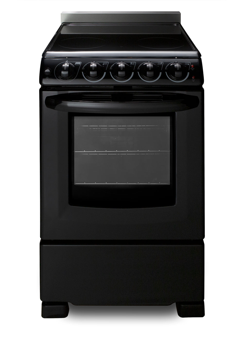Jet black 20-inch wide electric range with smooth-top burners and control knobs in kitchen appliance collection.