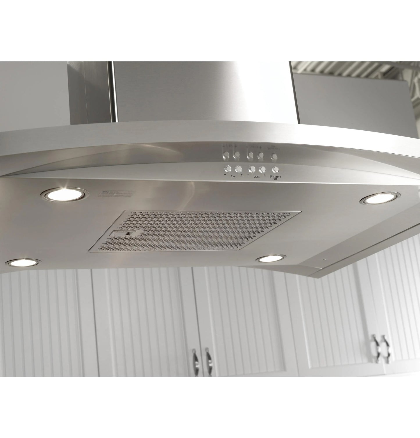 Curved stainless steel island-mount chimney hood with built-in lights and control buttons in kitchen setting