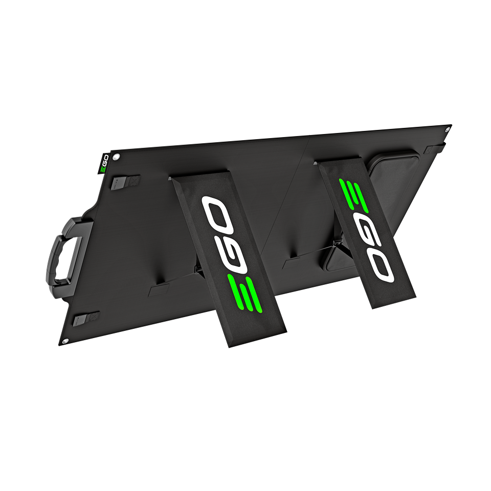 Portable black solar panel with fold-out stands and handle for efficient power in tool accessories and portable power collections