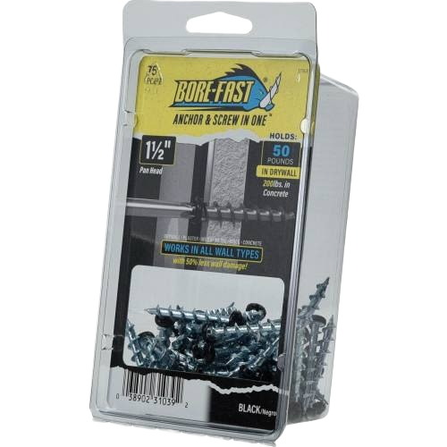 Box of black pan-head BOREFAST screw anchors for drywall and concrete in hardware fasteners under $50 collection