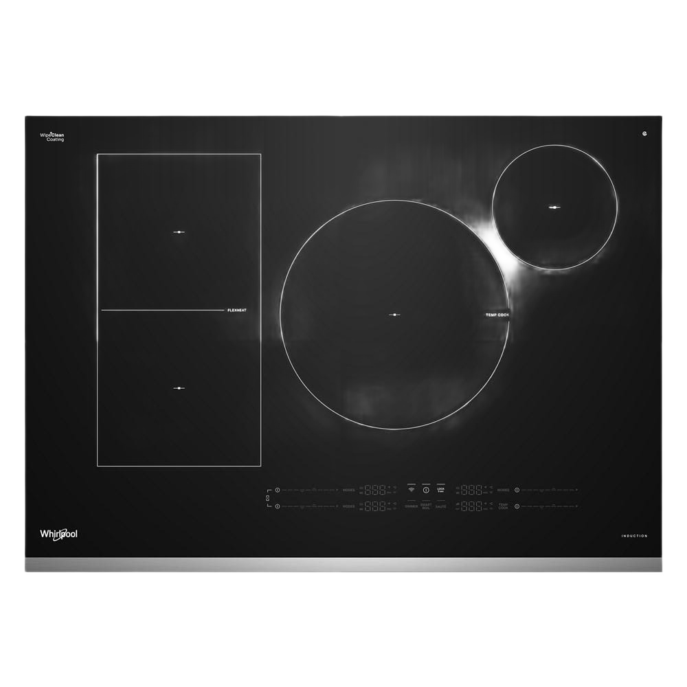 Black Whirlpool induction cooktop with three cooking zones and digital touch controls in Induction Cooktops collection