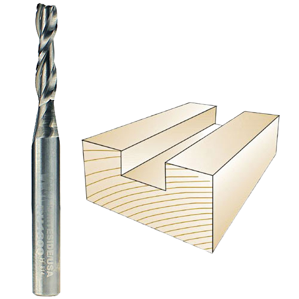 Spiral upcut drill bit with cutting grooves beside a wooden workpiece slot for precise woodworking and tool accessories