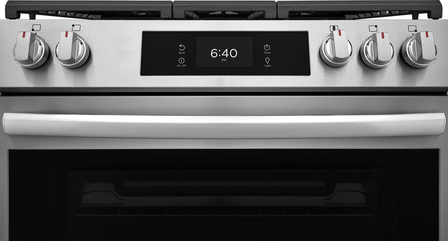 30-inch stainless steel front control gas range with digital display and stone-baked pizza feature from Ranges & Cooktops collection