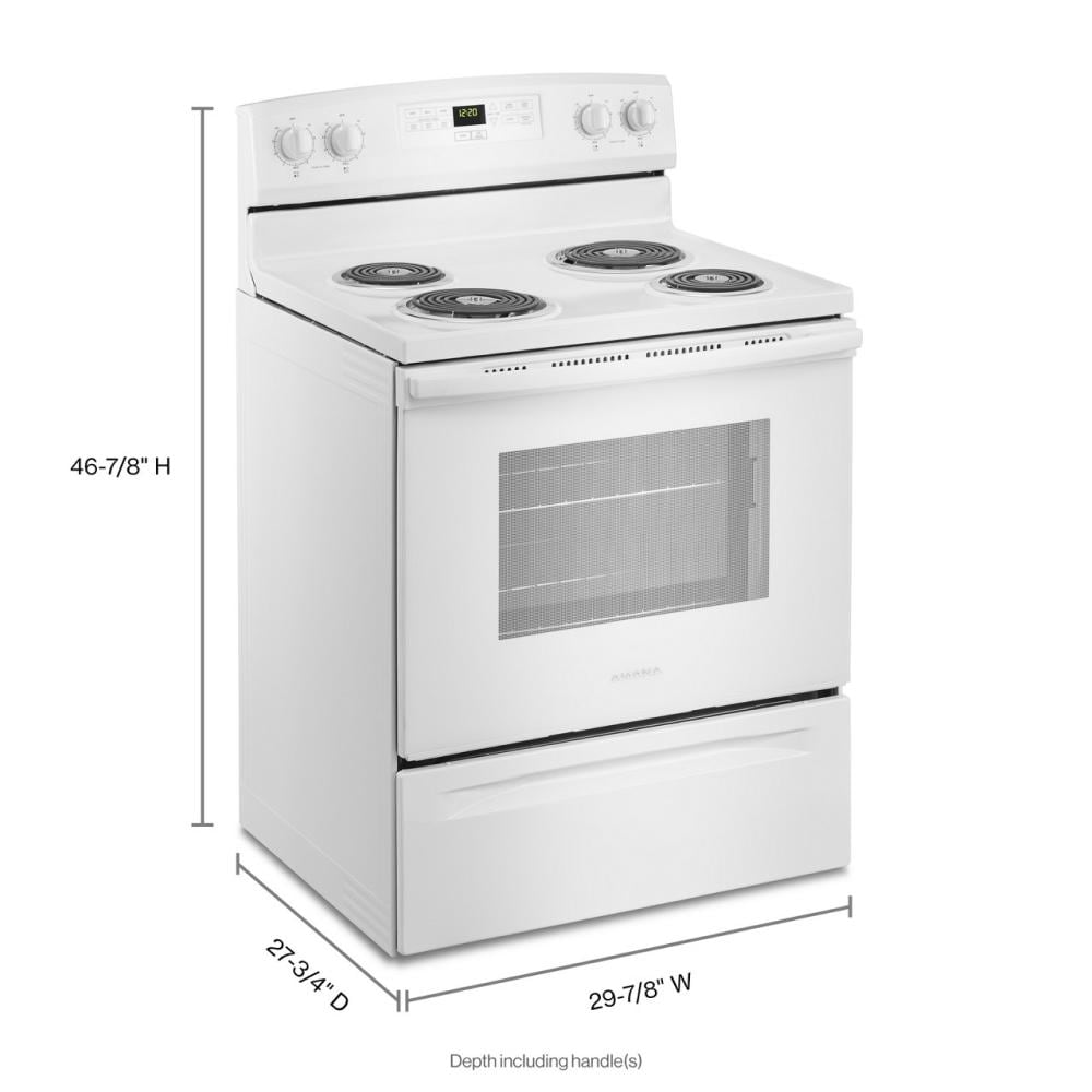 White electric range with four coil burners and oven door closed, showing control panel and lower storage drawer