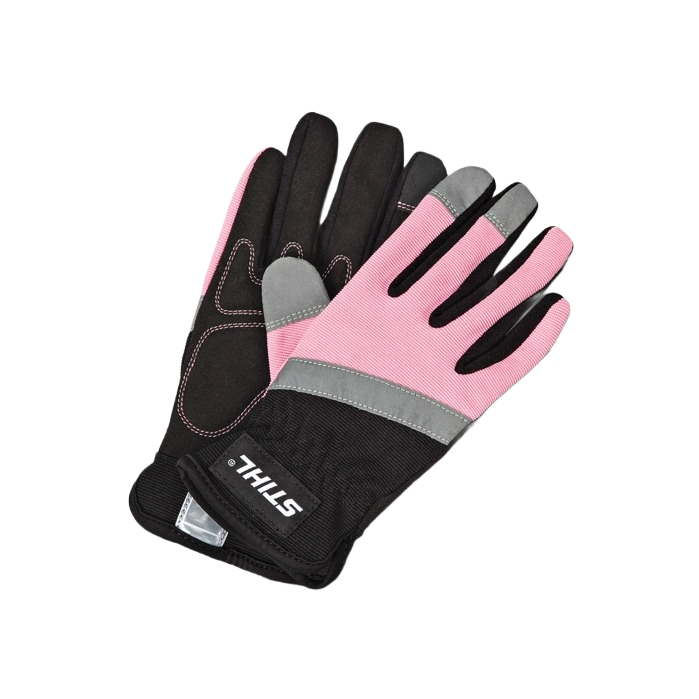 Small pink and black work gloves with foam-padded palms for gardening, safety, and outdoor hand tool use