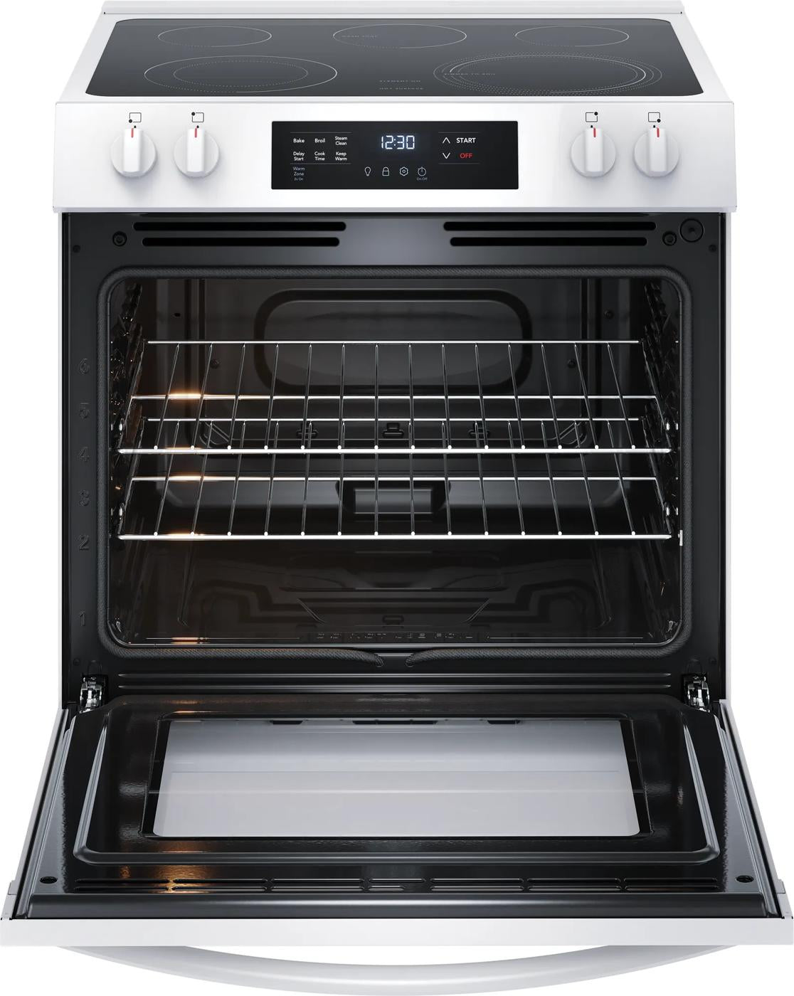 White front control electric range with open oven and visible racks from Ranges and Kitchen & Kitchenware collections